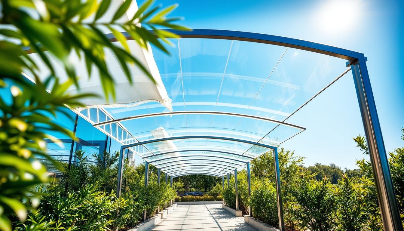 A modern outdoor space featuring UV protective polycarbonate panels in a sleek canopy design. In the foreground, focus on the elegantly curved polycarbonate sheets, showcasing their transparency and light refraction. In the middle ground, illustrate the canopy extending over a walkway, framed by polished metal supports and surrounded by vibrant green foliage. The background should depict a clear blue sky, bright sunlight filtering through the panels, creating a warm, inviting atmosphere. Use a wide-angle lens to capture the full structure and add depth to the scene. Aim for a professional, serene mood, reflecting the functional beauty of the canopy in an architectural context.