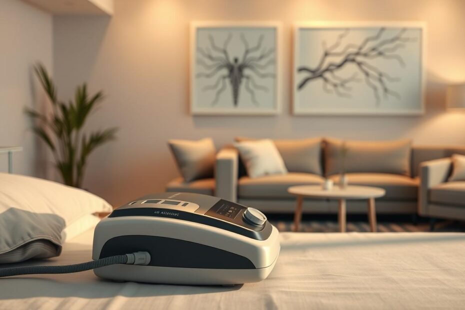 A serene medical setting featuring a sleek, modern sleep apnea machine prominently in the foreground, its ergonomic design and tubing connecting to a comfortable pillow. In the middle ground, a calm, softly lit room with plush furniture and muted color tones to evoke a sense of tranquility. In the background, gentle wall art illustrating the concept of the autonomic nervous system, like abstract neural pathways, enhances the theme. The lighting is warm and inviting, casting soft shadows that create a comforting atmosphere. The overall mood conveys stability and health, emphasizing the machine's role in creating an ideal sleeping environment that supports the body’s natural rhythms.