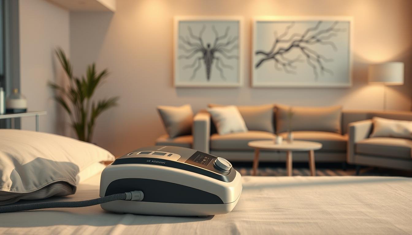 A serene medical setting featuring a sleek, modern sleep apnea machine prominently in the foreground, its ergonomic design and tubing connecting to a comfortable pillow. In the middle ground, a calm, softly lit room with plush furniture and muted color tones to evoke a sense of tranquility. In the background, gentle wall art illustrating the concept of the autonomic nervous system, like abstract neural pathways, enhances the theme. The lighting is warm and inviting, casting soft shadows that create a comforting atmosphere. The overall mood conveys stability and health, emphasizing the machine's role in creating an ideal sleeping environment that supports the body’s natural rhythms.