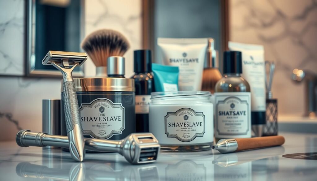 A beautifully arranged display of men's shaving products, featuring premium razors, shaving creams, and grooming tools. In the foreground, a sleek metallic razor glistens under soft, warm lighting, complemented by a luxurious cream jar with an intricate label design. In the middle, an assortment of shaving brushes and aftershave balms are artfully positioned, showcasing their elegant packaging. The background is softly blurred, hinting at a stylish bathroom environment with marble accents, providing a sense of sophistication. The overall atmosphere is inviting and refined, emphasizing quality and attention to detail in the selection. The scene is captured from a slightly elevated angle, enhancing the visual appeal and focusing on the products' textures and elegant forms.