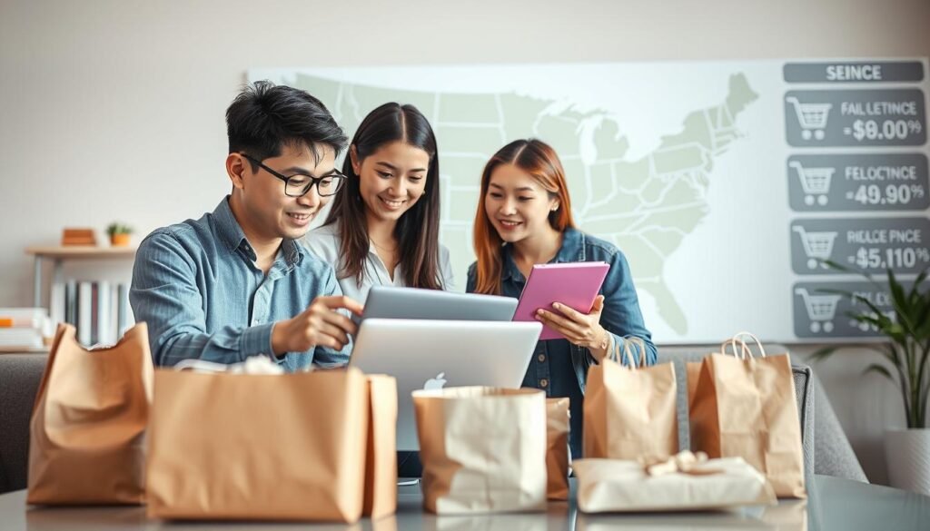 A modern, informative visual representation of the "U.S. purchasing process" for cross-border shoppers, featuring a diverse group of individuals engaged in a collaborative atmosphere. In the foreground, two professional figures, one Asian and one Black, are analyzing prices on a laptop while discussing strategies for securing the best deals. In the middle ground, several packages and shopping items are neatly arranged, symbolizing various products. The background includes a stylized map of the United States, accentuating the cross-border aspect, alongside a digital interface displaying price comparisons and cart icons. Soft, natural lighting enhances the focus, creating a welcoming and productive mood. The angle should be slightly elevated, providing a comprehensive view of the scene's interactions.