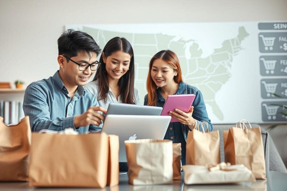 A modern, informative visual representation of the "U.S. purchasing process" for cross-border shoppers, featuring a diverse group of individuals engaged in a collaborative atmosphere. In the foreground, two professional figures, one Asian and one Black, are analyzing prices on a laptop while discussing strategies for securing the best deals. In the middle ground, several packages and shopping items are neatly arranged, symbolizing various products. The background includes a stylized map of the United States, accentuating the cross-border aspect, alongside a digital interface displaying price comparisons and cart icons. Soft, natural lighting enhances the focus, creating a welcoming and productive mood. The angle should be slightly elevated, providing a comprehensive view of the scene's interactions.