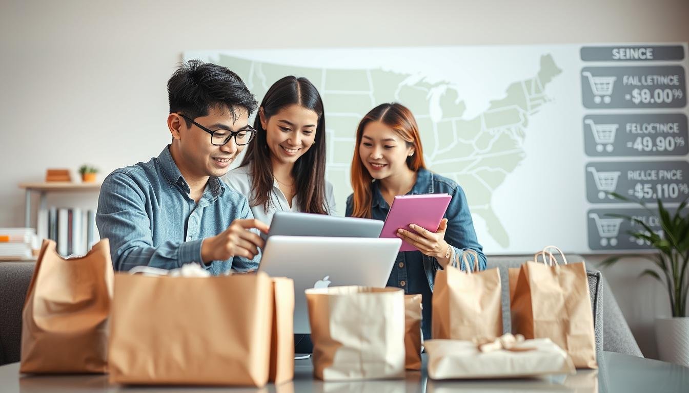 A modern, informative visual representation of the "U.S. purchasing process" for cross-border shoppers, featuring a diverse group of individuals engaged in a collaborative atmosphere. In the foreground, two professional figures, one Asian and one Black, are analyzing prices on a laptop while discussing strategies for securing the best deals. In the middle ground, several packages and shopping items are neatly arranged, symbolizing various products. The background includes a stylized map of the United States, accentuating the cross-border aspect, alongside a digital interface displaying price comparisons and cart icons. Soft, natural lighting enhances the focus, creating a welcoming and productive mood. The angle should be slightly elevated, providing a comprehensive view of the scene's interactions.
