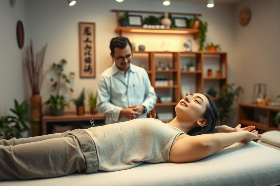 A serene acupuncture clinic interior showcasing a patient receiving traditional Chinese medicine treatment for eczema. In the foreground, a calm person in modest casual clothing lies on a treatment table, surrounded by an array of acupuncture needles gently placed along their arms. In the middle, an experienced acupuncturist, also in professional attire, attentively observes the patient’s symptoms, with a focus on their facial expression, reflecting a sense of relief and relaxation. The background features soft ambient lighting, traditional Chinese decor with plants and healing elements, and shelves filled with herbal remedies. Use a soft focus lens to convey a tranquil atmosphere, embodying hope and health, while emphasizing the holistic approach of acupuncture in treating eczema symptoms for various body types.