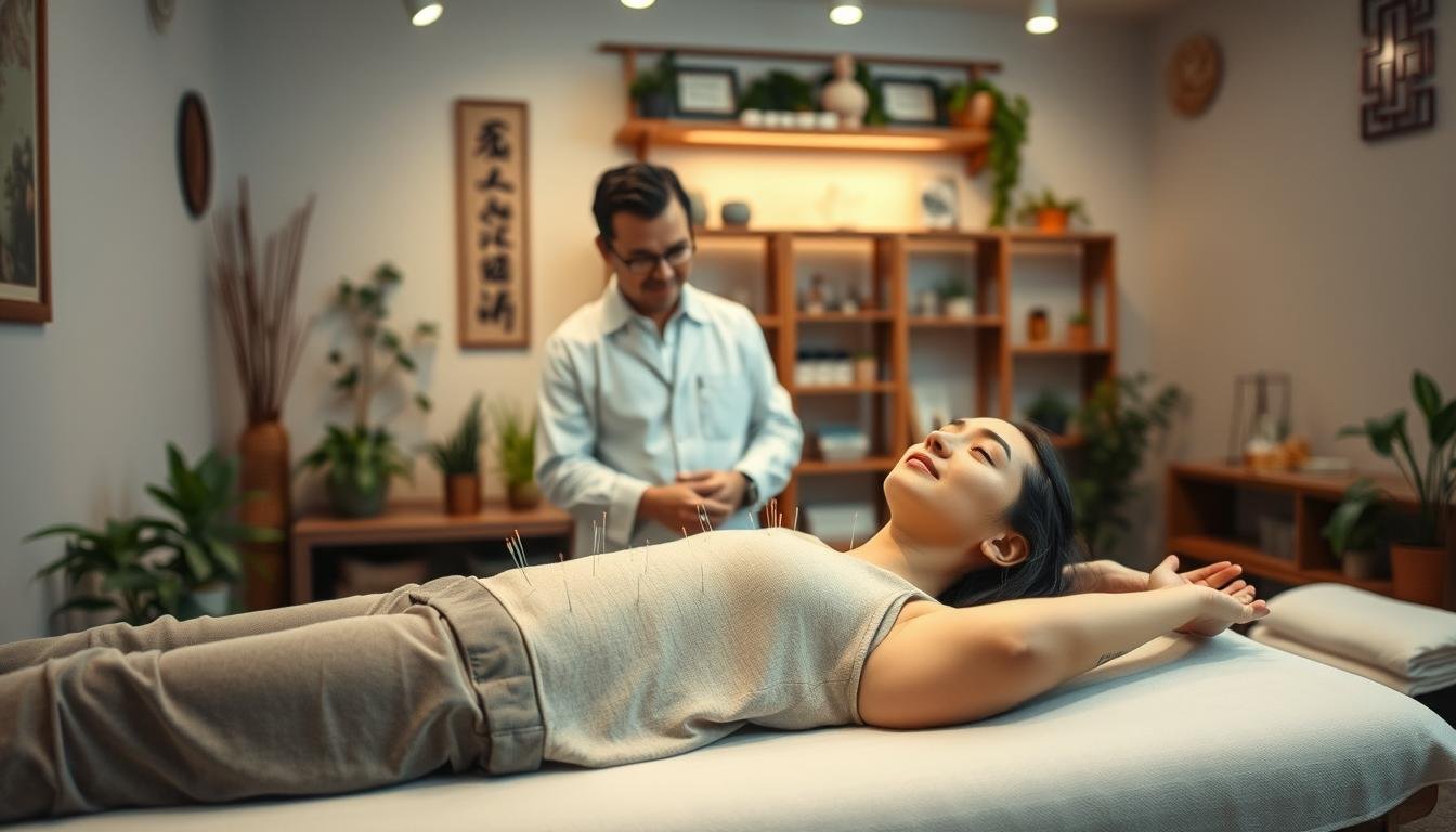 A serene acupuncture clinic interior showcasing a patient receiving traditional Chinese medicine treatment for eczema. In the foreground, a calm person in modest casual clothing lies on a treatment table, surrounded by an array of acupuncture needles gently placed along their arms. In the middle, an experienced acupuncturist, also in professional attire, attentively observes the patient’s symptoms, with a focus on their facial expression, reflecting a sense of relief and relaxation. The background features soft ambient lighting, traditional Chinese decor with plants and healing elements, and shelves filled with herbal remedies. Use a soft focus lens to convey a tranquil atmosphere, embodying hope and health, while emphasizing the holistic approach of acupuncture in treating eczema symptoms for various body types.