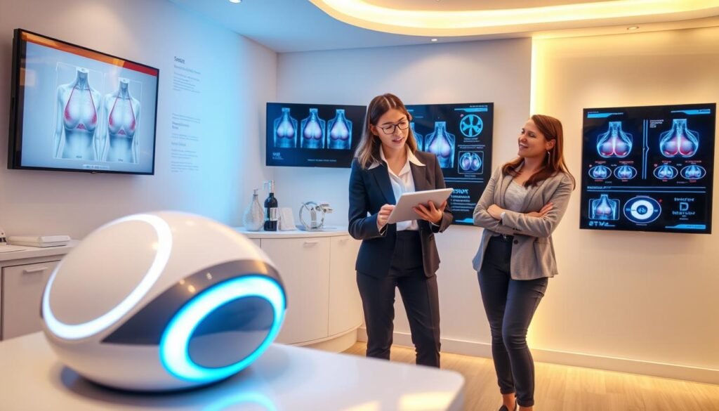 A modern medical aesthetic clinic interior, showcasing various advanced breast enhancement technologies. In the foreground, a sleek, high-tech device designed for non-invasive augmentation, with soft blue and white lighting highlighting its contours. In the middle, a professional female consultant dressed in a smart business outfit, interacting with a digital tablet, explaining treatment options to an attentive female client in modest casual clothing. The background features wall-mounted screens displaying diagrams of breast anatomy and treatment processes, creating an informative atmosphere. Soft, ambient lighting adds warmth and calmness to the scene, emphasizing the innovative yet welcoming nature of the clinic. The overall mood is professional and reassuring, embodying the essence of modern medical beauty techniques.