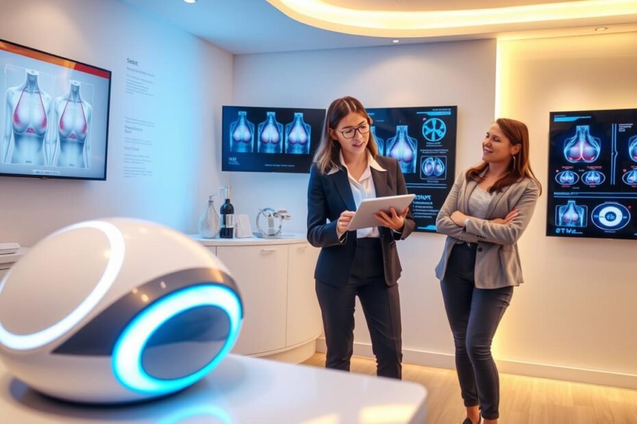 A modern medical aesthetic clinic interior, showcasing various advanced breast enhancement technologies. In the foreground, a sleek, high-tech device designed for non-invasive augmentation, with soft blue and white lighting highlighting its contours. In the middle, a professional female consultant dressed in a smart business outfit, interacting with a digital tablet, explaining treatment options to an attentive female client in modest casual clothing. The background features wall-mounted screens displaying diagrams of breast anatomy and treatment processes, creating an informative atmosphere. Soft, ambient lighting adds warmth and calmness to the scene, emphasizing the innovative yet welcoming nature of the clinic. The overall mood is professional and reassuring, embodying the essence of modern medical beauty techniques.