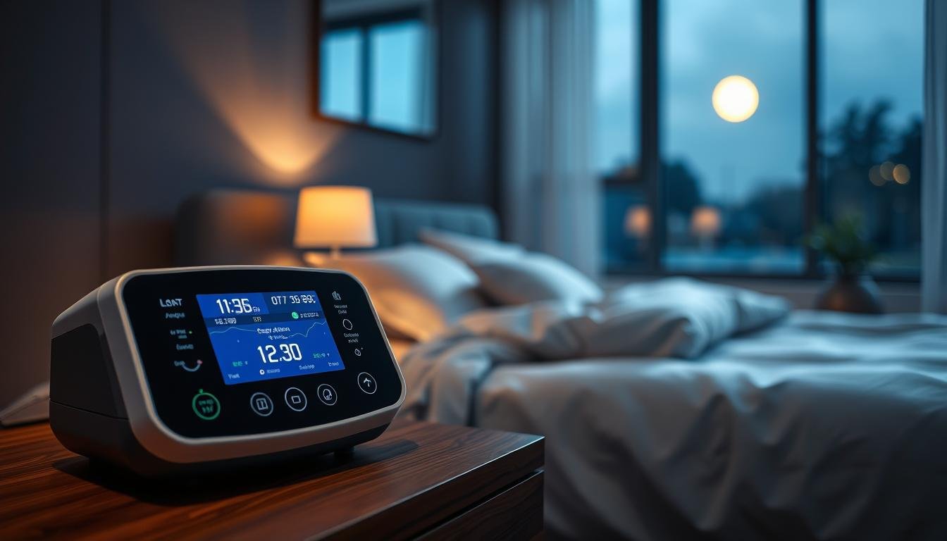 A modern, sleek bedroom with a sleep apnea machine prominently displayed on a bedside table. In the foreground, a close-up view of the machine with digital displays showing oxygen levels and monitoring metrics. The middle ground features a cozy bed, neatly made, with soft lighting that creates a serene and calming atmosphere. In the background, a window shows a nighttime scene with soft moonlight streaming in, enhancing the peaceful vibe. The overall mood is informative yet tranquil, suitable for an article on sleep and respiratory health. The setting is designed to reflect high-quality healthcare technology in a home environment, inviting and professional.