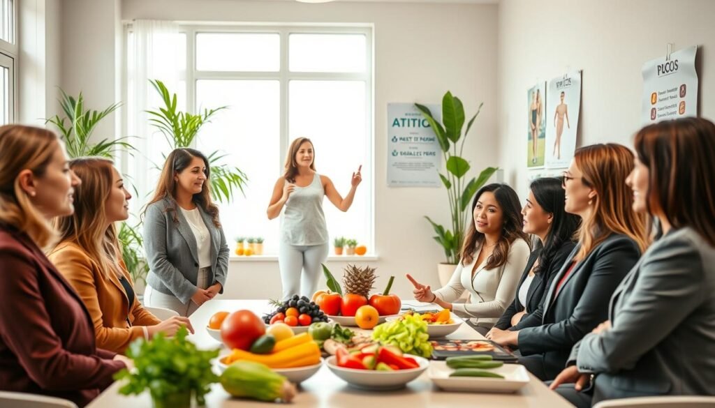 A warm and inviting wellness clinic scene illustrating lifestyle recommendations for patients undergoing PCOS treatment. In the foreground, a diverse group of women, dressed in professional business attire, engaged in discussions about nutrition and exercise, with colorful healthy food options displayed on a table. The middle ground features a fitness instructor demonstrating yoga poses and a nutritionist pointing to a chart of balanced meals. The background showcases serene elements like potted plants and inspirational health posters. Soft, natural lighting filters through large windows, creating a calming atmosphere. The overall mood is supportive and motivational, emphasizing a holistic approach to health and wellness.