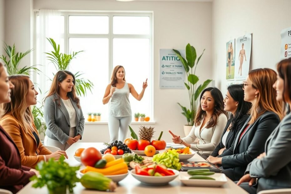 A warm and inviting wellness clinic scene illustrating lifestyle recommendations for patients undergoing PCOS treatment. In the foreground, a diverse group of women, dressed in professional business attire, engaged in discussions about nutrition and exercise, with colorful healthy food options displayed on a table. The middle ground features a fitness instructor demonstrating yoga poses and a nutritionist pointing to a chart of balanced meals. The background showcases serene elements like potted plants and inspirational health posters. Soft, natural lighting filters through large windows, creating a calming atmosphere. The overall mood is supportive and motivational, emphasizing a holistic approach to health and wellness.