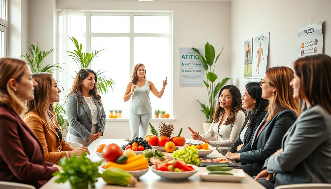 A warm and inviting wellness clinic scene illustrating lifestyle recommendations for patients undergoing PCOS treatment. In the foreground, a diverse group of women, dressed in professional business attire, engaged in discussions about nutrition and exercise, with colorful healthy food options displayed on a table. The middle ground features a fitness instructor demonstrating yoga poses and a nutritionist pointing to a chart of balanced meals. The background showcases serene elements like potted plants and inspirational health posters. Soft, natural lighting filters through large windows, creating a calming atmosphere. The overall mood is supportive and motivational, emphasizing a holistic approach to health and wellness.